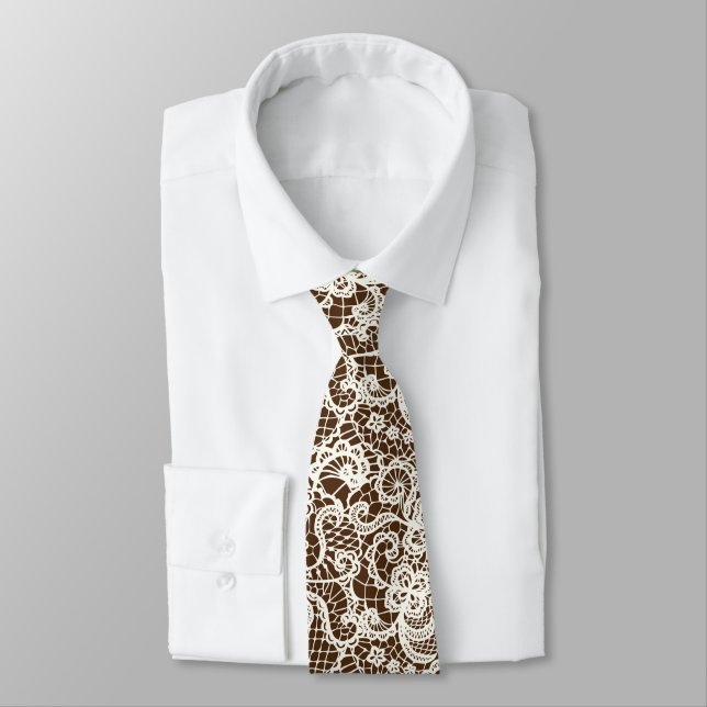 Ivory Lace On Brown Neck Tie (Tied)