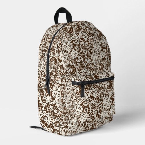 Ivory Lace On Brown Printed Backpack