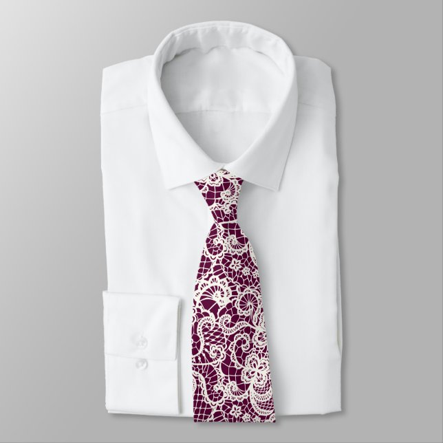Ivory Lace Pattern on Maroon Neck Tie (Tied)