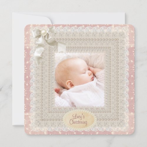 Ivory Lace Pink Pearl Girls Pink Photo Christening Invitation