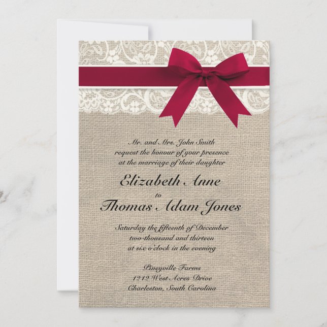 Ivory Lace Red Ribbon Burlap Wedding Invitation (Front)