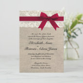 Ivory Lace Red Ribbon Burlap Wedding Invitation (Standing Front)
