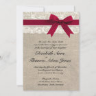 Ivory Lace Red Ribbon Burlap Wedding Invitation