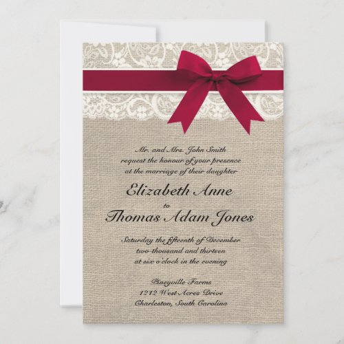 Ivory Lace Red Ribbon Burlap Wedding Invitation