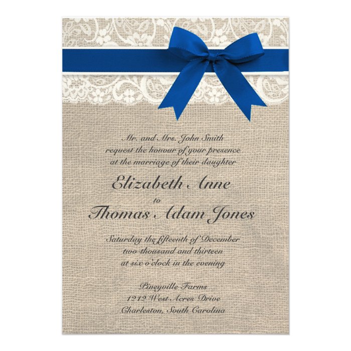 Ivory Lace Royal Blue Burlap Wedding Invitation