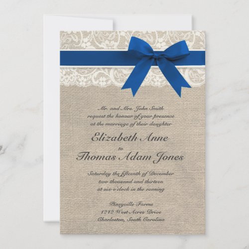 Ivory Lace Royal Blue Burlap Wedding Invitation