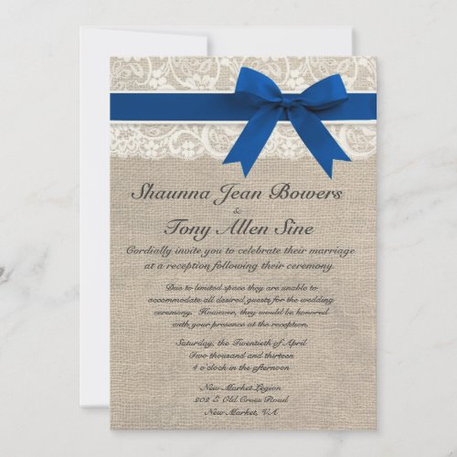 Ivory Lace Royal Blue Burlap Wedding Reception Personalized Invitations