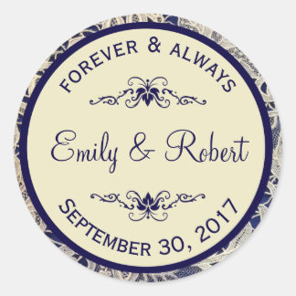 Ivory Lace Royal Navy Blue Formal Wedding Classic Round Sticker