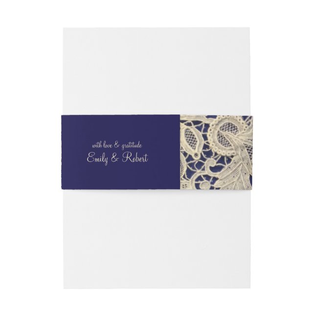 Ivory Lace Royal Navy Blue Formal Wedding Invitation Belly Band (Back Example)