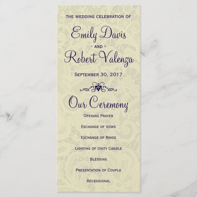 Ivory Lace Royal Navy Blue Formal Wedding Program (Front)