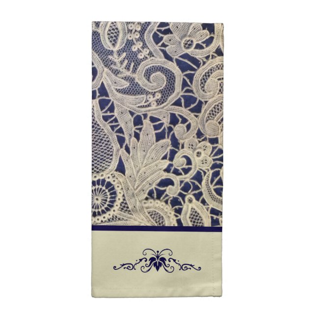 Ivory Lace Royal Navy Blue Modern Formal Wedding Napkin (Half Fold)