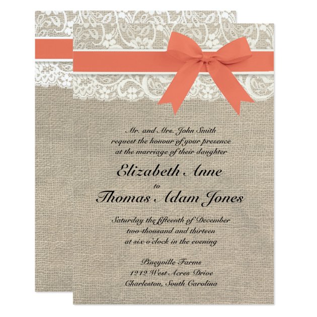 Ivory Lace Rustic Burlap Wedding Invitation- Coral Card