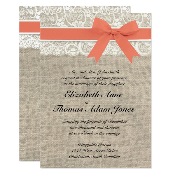 161996356304887190 Ivory Lace Rustic Burlap Wedding Invitation- Coral Invitation