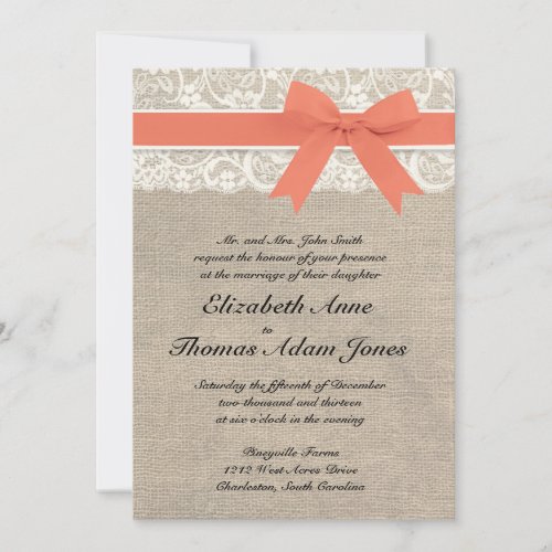 Ivory Lace Rustic Burlap Wedding Invitation- Coral