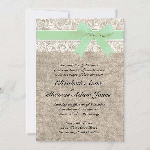Ivory Lace Rustic Burlap Wedding Invitation- Mint