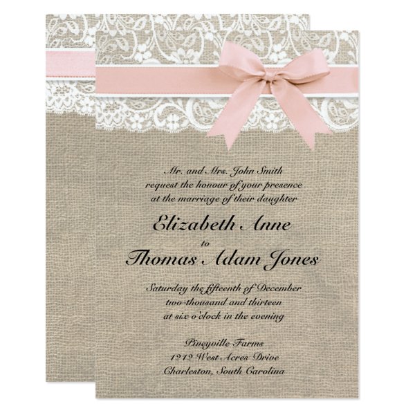 161892725130144463 Ivory Lace Rustic Burlap Wedding Invitation- Peach Invitation