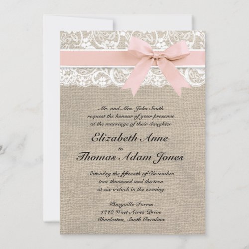 Ivory Lace Rustic Burlap Wedding Invitation- Peach