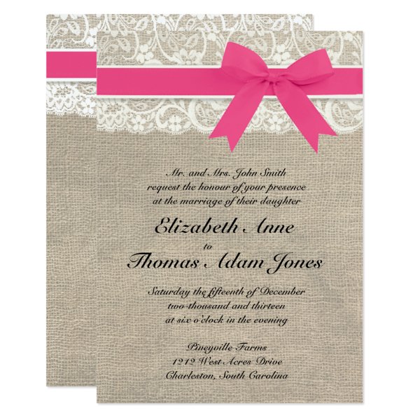 161730192896689562 Ivory Lace Rustic Burlap Wedding Invitation- Pink Invitation