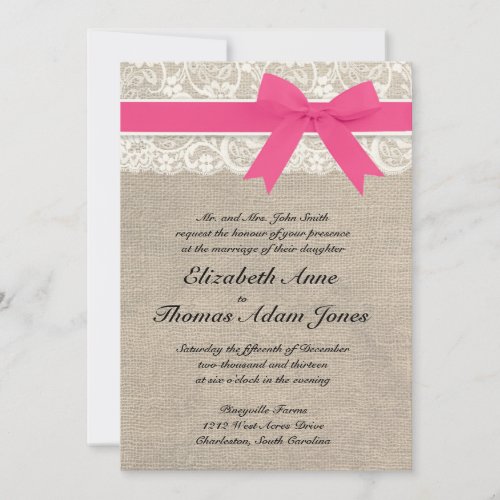 Ivory Lace Rustic Burlap Wedding Invitation- Pink
