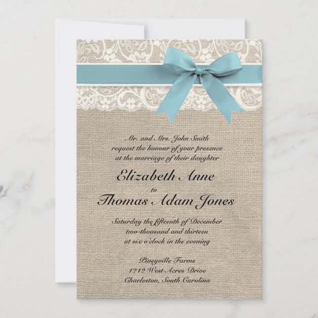 Ivory Lace Rustic Burlap Wedding Invite Glacier (Front)