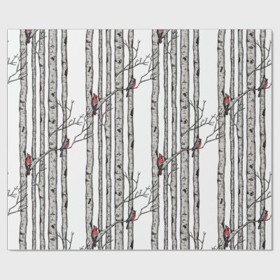 Ivory Large Birch Trees and Red Cardinal Birds Wrapping Paper
