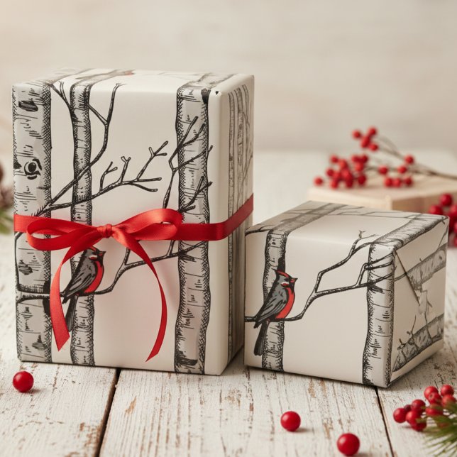 Ivory Large Birch Trees and Red Cardinal Birds Wrapping Paper (Festive Ivory Winter Christmas Red Cardinal Wrapping Paper. Elegant Birch Forest Trees Birds Pattern)