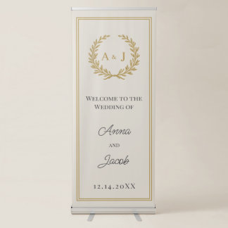 Ivory Laurel Wreath Monogram Welcome Wedding Retractable Banner