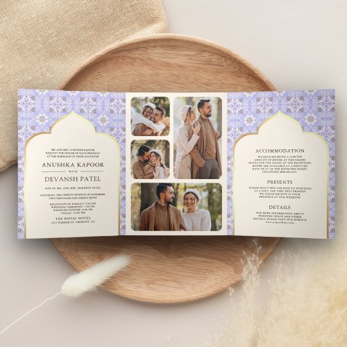 Ivory Lavender Pattern All in One Indian Wedding Tri_Fold Invitation