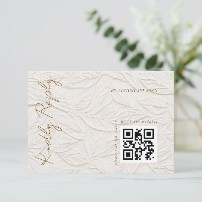 Ivory Leaves Elegant Wedding QR code  RSVP Card (Standing Front)