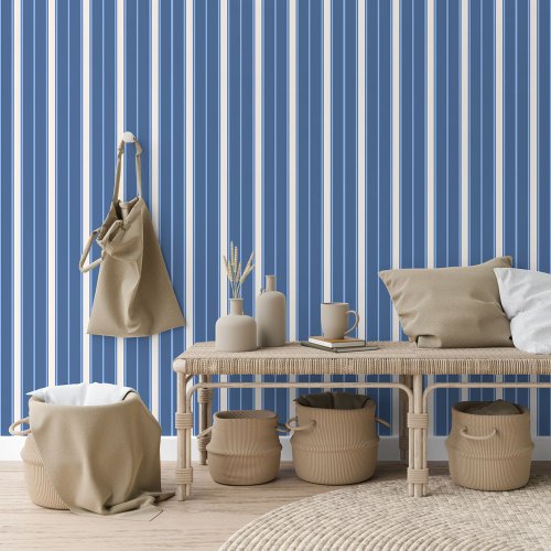 Ivory Light Medium Blue Vertical Stripe Pattern Wallpaper