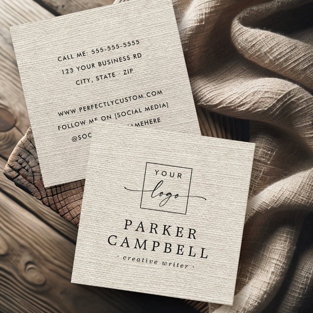 Ivory light tan linen look elegant logo minimalist square business card (Ivory light tan linen look elegant logo minimalist square business card)