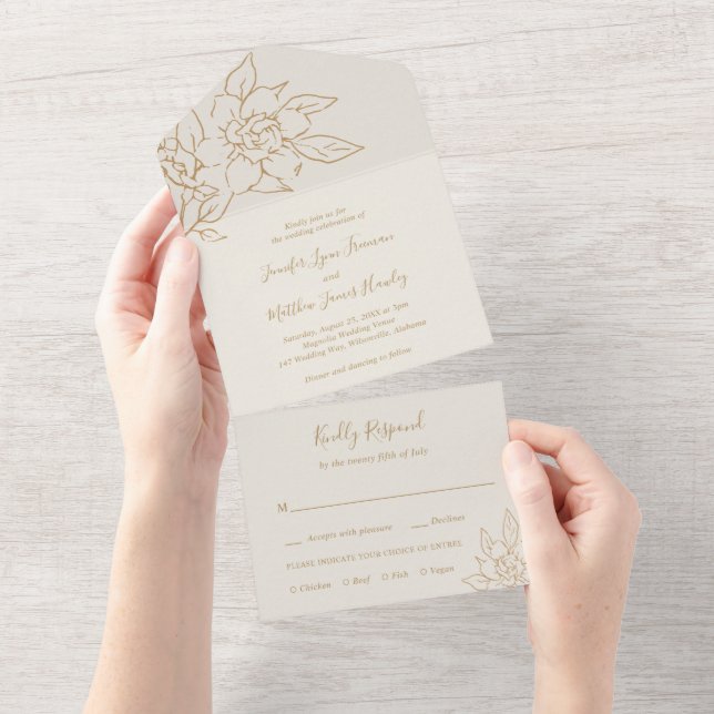 Ivory Line Art Floral Elegant Wedding All In One Invitation (Tearaway)