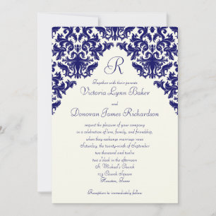 Ivory Linen and Navy Damask Monogrammed Invite