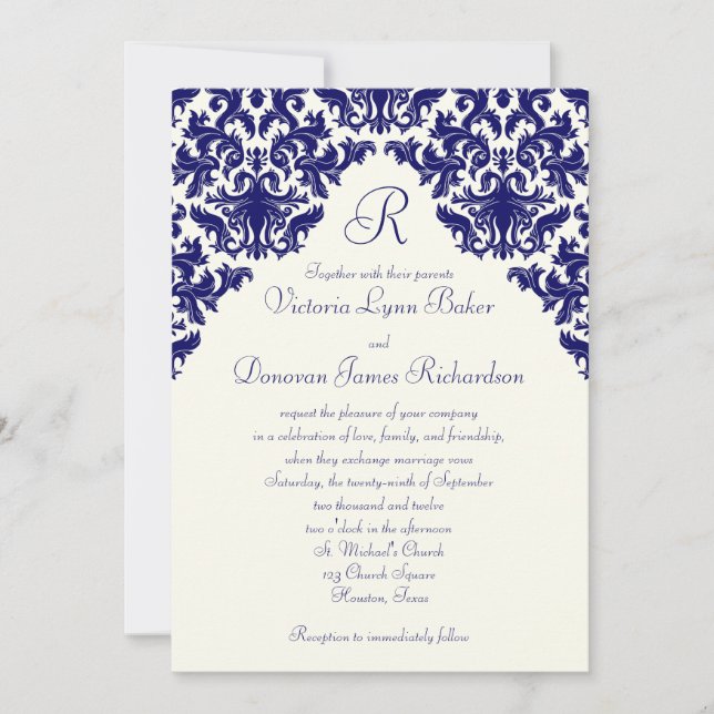 Ivory Linen and Navy Damask Monogrammed Invite (Front)
