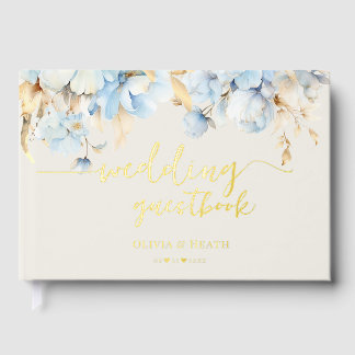 Ivory Linen Dusty Blue Floral Wedding Foil Guest Book