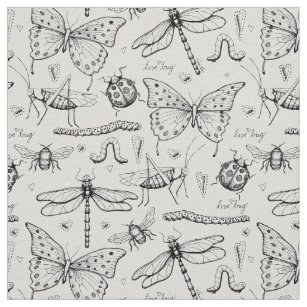 Ivory Linen Elegant Insects Illustration Pattern Fabric