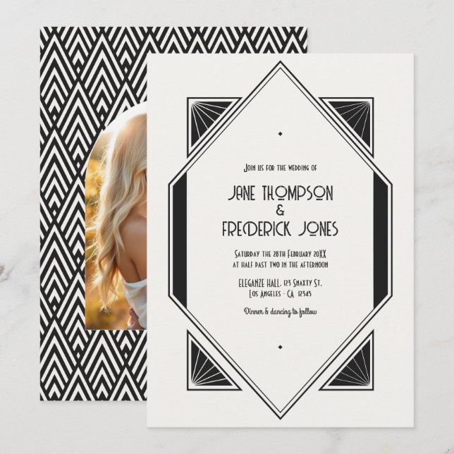 Ivory Linen & Jet Black Art Deco Wedding Photo Invitation (Front/Back)