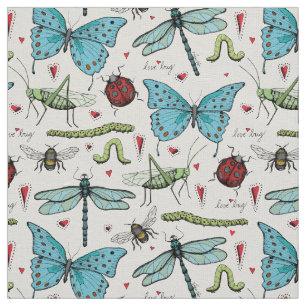 Ivory Linen Love Bug Insect Illustration Pattern Fabric