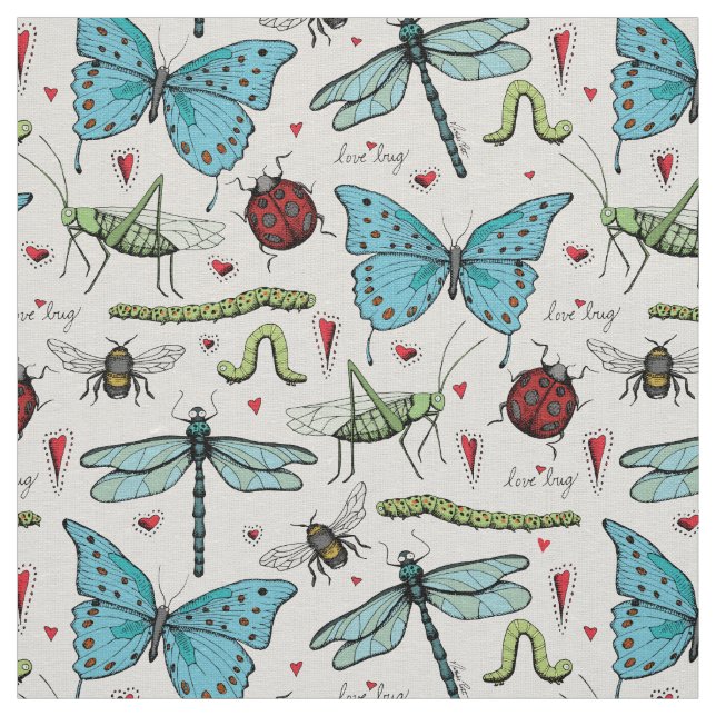 Ivory Linen Love Bug Insect Illustration Pattern Fabric (Swatch)