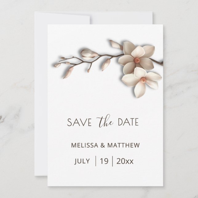 Ivory Magnolia 3D Flowers Save The Date (Front)