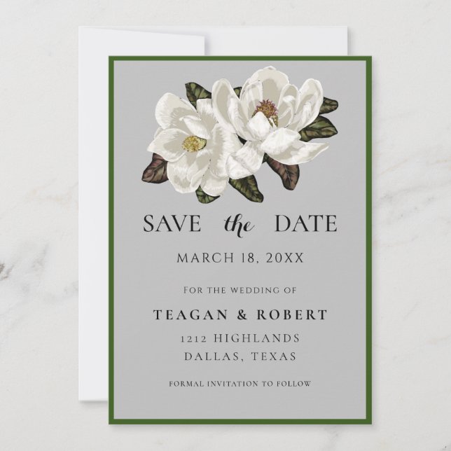 Ivory Magnolia blossoms on gray Save The Date (Front)