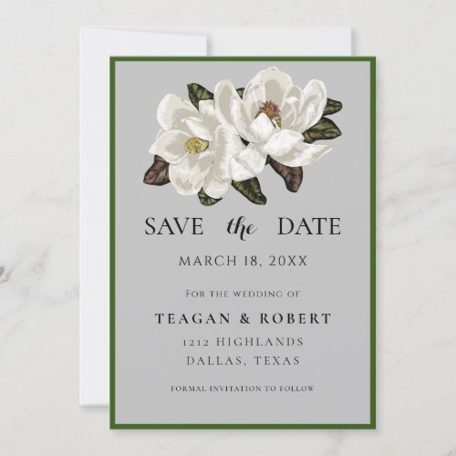 Ivory Magnolia blossoms on gray Save The Date