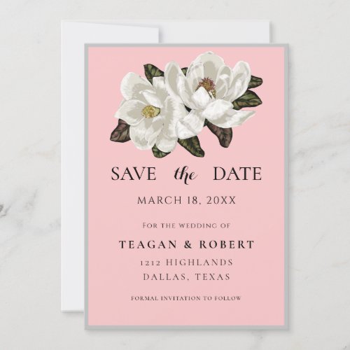 Ivory Magnolia blossoms on pink Save The Date