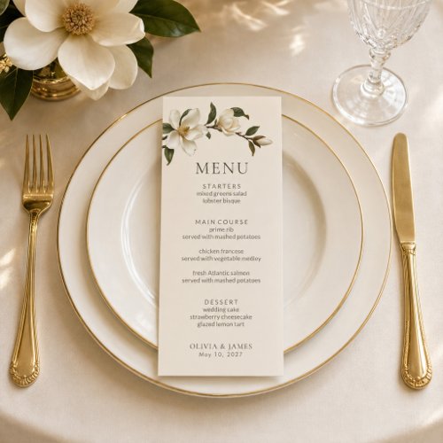 Ivory Magnolia Elegant Wedding Menu Card