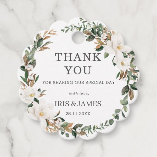 Ivory Magnolia Floral Greenery Wedding Thank You   Favor Tags