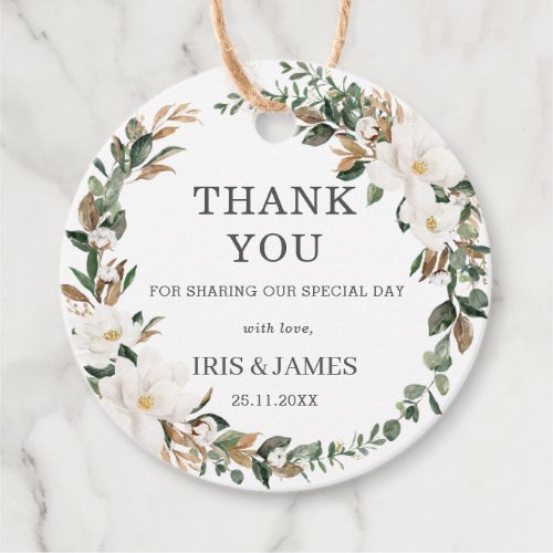 Ivory Magnolia Floral Greenery Wedding Thank You  Favor Tags