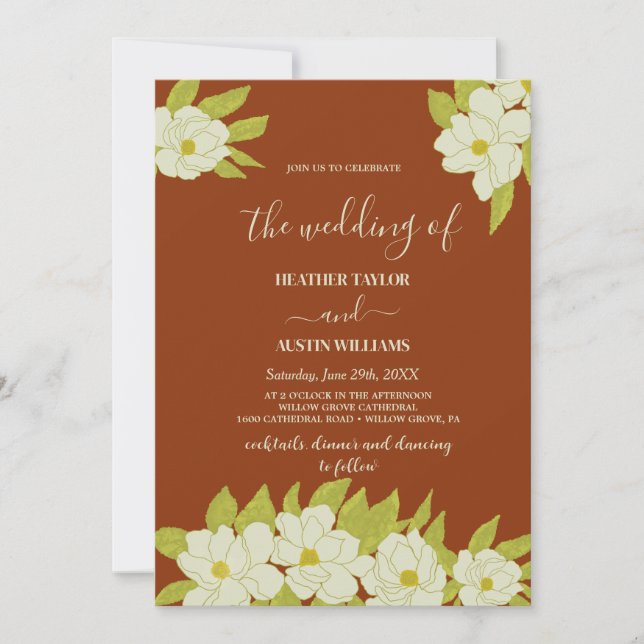 Ivory Magnolia Flower Rusty Wedding Invitation (Front)