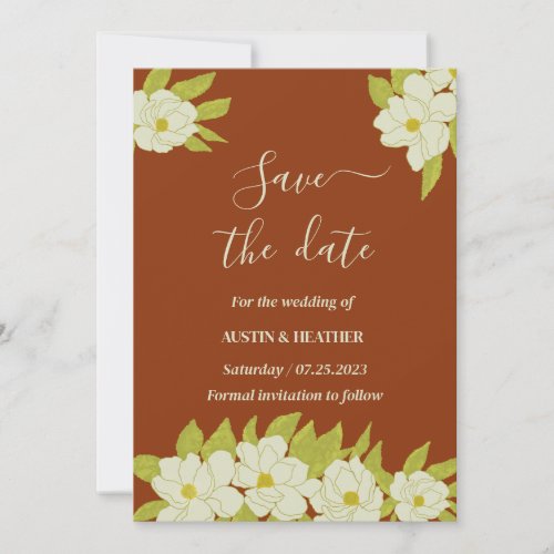 Ivory Magnolia Flower Rusty Wedding save date Invitation