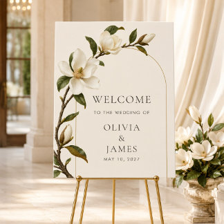 Ivory Magnolia Gold Arch Wedding Welcome Sign
