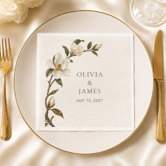Ivory Magnolia Personalized Wedding Paper Napkin